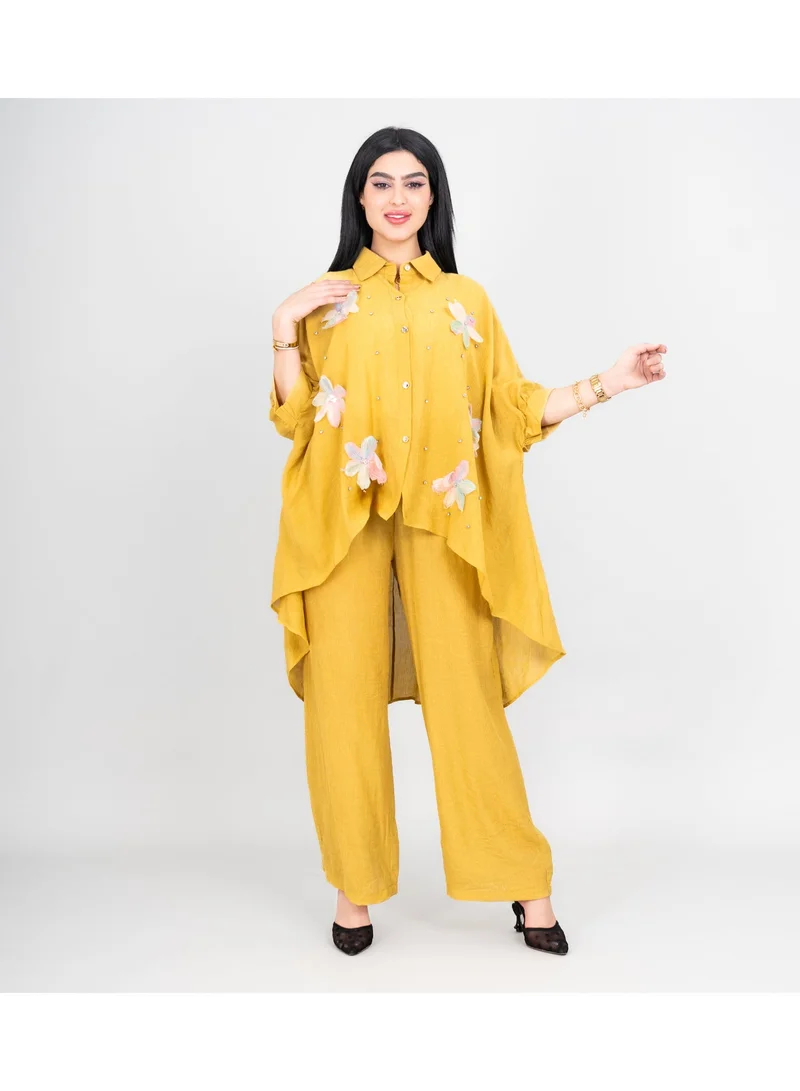 IKKXA Modern Two-Piece Outfit Oversize Shirt and Pants Crystal Embroidery Details